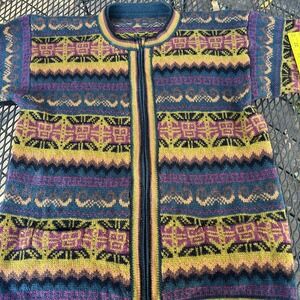 Vintage Hand Made Wool Full Zip Cardigan MED Sweater Pockets Stripe Fair‎ Isle